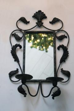 ornate iron candle sconces frame mirror w/ distressed bronze finish, vintage western style decor