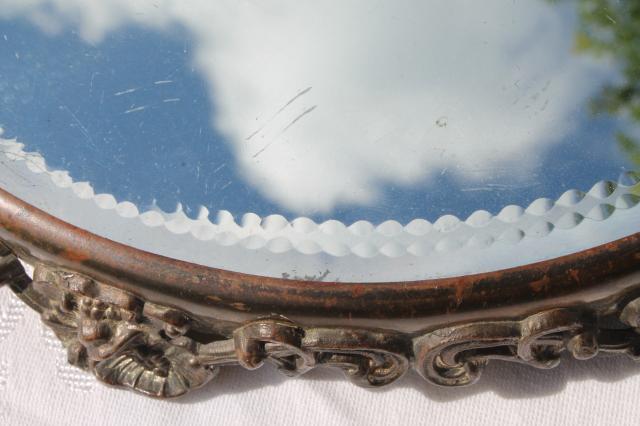 ornate metal frame plateau w/ round glass mirror, vintage vanity table perfume tray