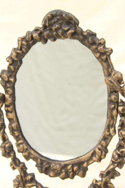 ornate old cast iron tilt mirror on stand, shaving or vanity table mirror