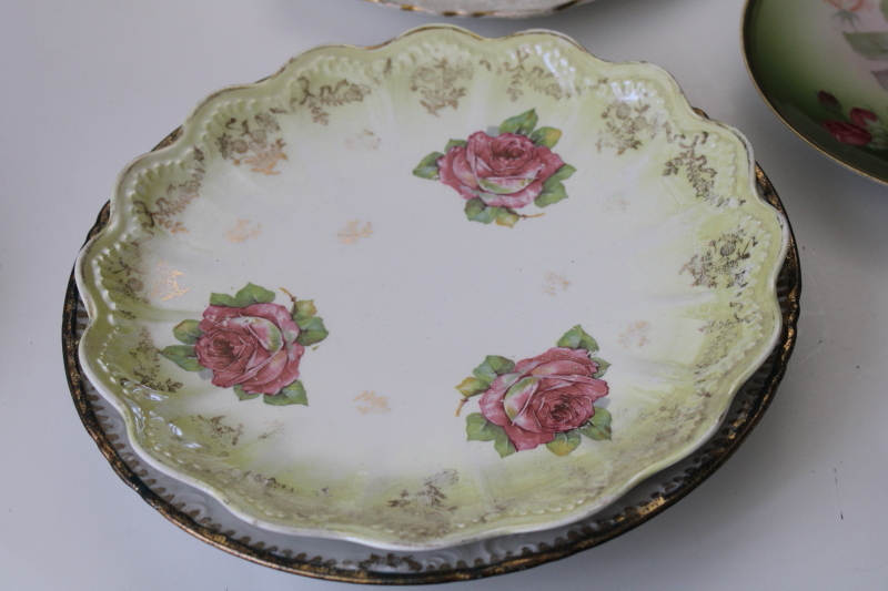 ornate roses mismatched china plates  cake trays, antique vintage Victorian florals shabby chic