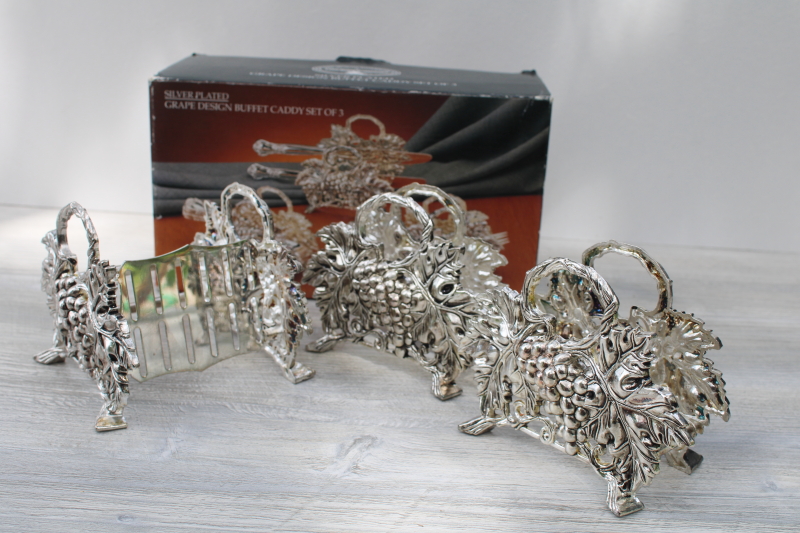 ornate silver plate utensil holders for buffet flatware, vintage set new in box