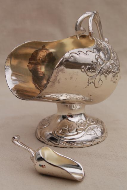 ornate sugar scuttle bowl, gold lined vintage silver plate sugar scoop