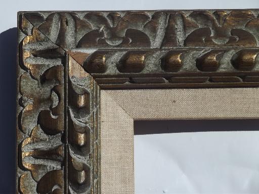 ornate vintage carved wood frame, florentine or spanish gold w/ flax linen