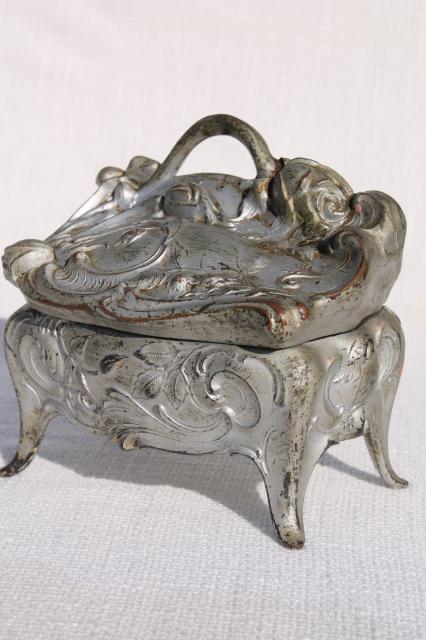 ornate vintage cast metal jewelry box w/ art nouveau rose, worn antique silver patina