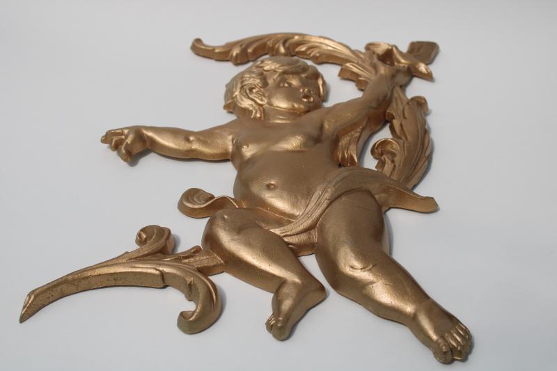 ornate vintage metal wall art, french rococo style cherub gold gilt colored finish