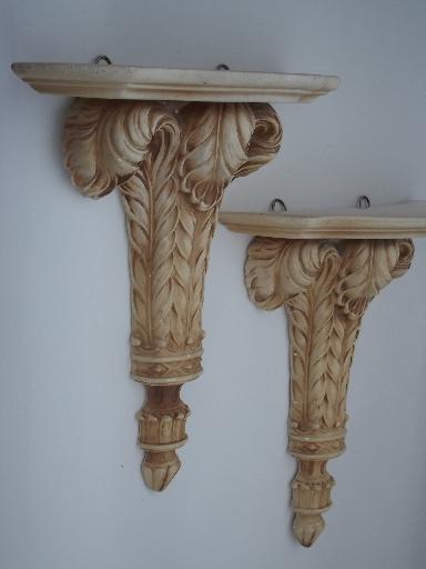 ornate vintage plaster wall shelves, pair chalkware brackets w/ antique paint