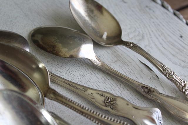 ornate vintage silver plate fruit spoons & teaspoons, mismatched silverware lot
