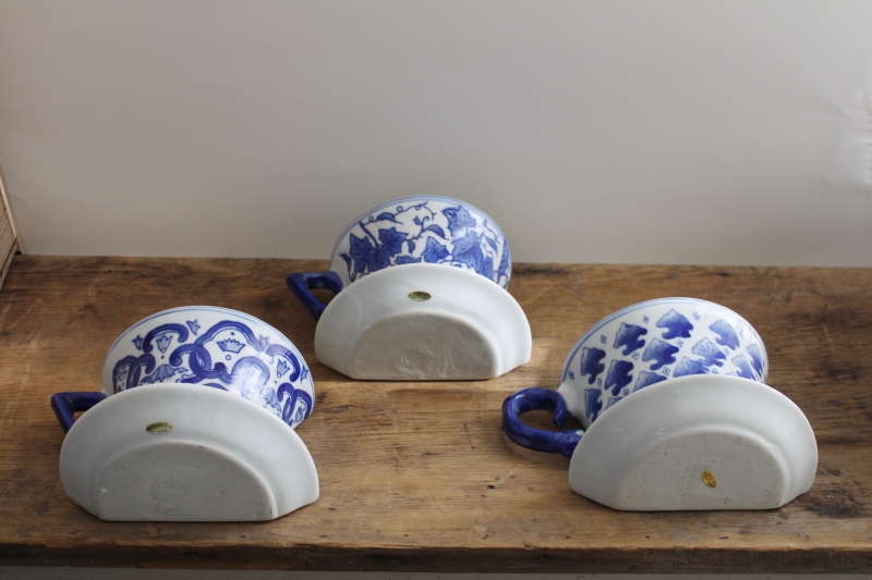 oversized blue  white china tea cups whimsical wall art trio of ceramic pocket vase planters