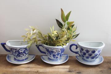 oversized blue  white china tea cups whimsical wall art trio of ceramic pocket vase planters