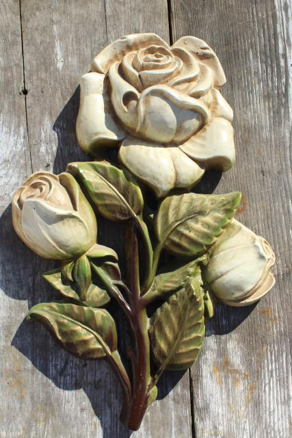 oversized flowers vintage chalkware plaques, rustic white shabby cottage farmhouse decor wall art