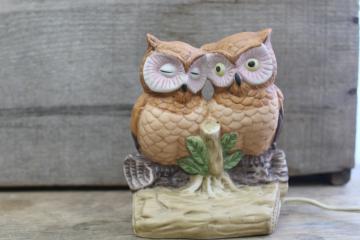 owl ceramic night light lamp, bisque china owls made in Taiwan 70s 80s vintage