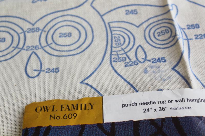 owl family rug to make, 70s vintage printed cotton canvas for Aunt Lydias rug yarn