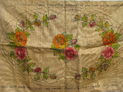painted flowered oval vintage hessian burlap hooked rug canvas to hook w/ yarn or wool
