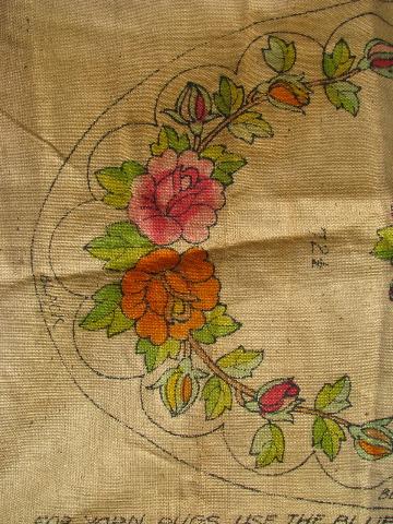 painted flowered oval vintage hessian burlap hooked rug canvas to hook w/ yarn or wool