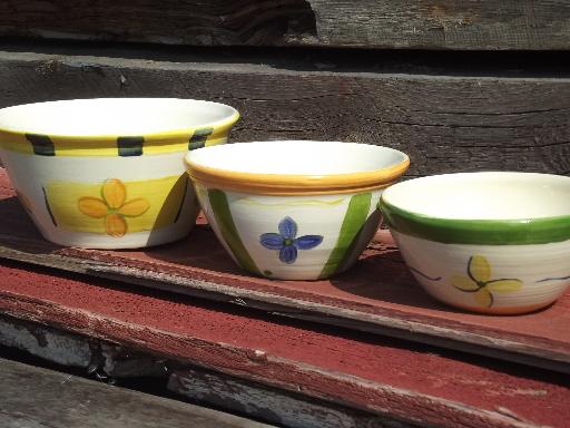painted flowers nesting mixing bowls, vintage French or Portugal pottery