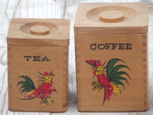 painted roosters wood canisters, shabby country vintage kitchen canister set 