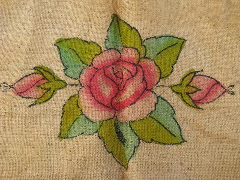 painted rose vintage hessian burlap hooked rug mat canvas to hook w/ yarn or wool