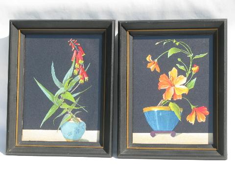 pair 1950s vintage wood framed prints, deco tropical flowers on black
