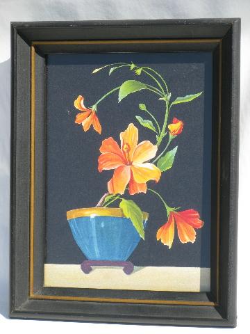 pair 1950s vintage wood framed prints, deco tropical flowers on black