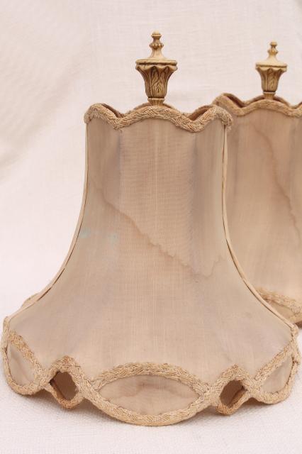 pair Edwardian vintage wire lampshades in shabby original antique fabric, bullion trim