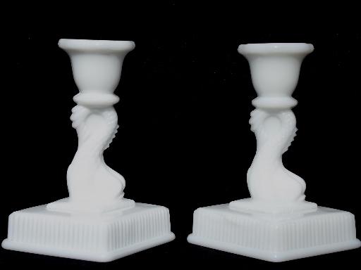 pair Imperial glass dolphin candlesticks, antique milk glass reproductions