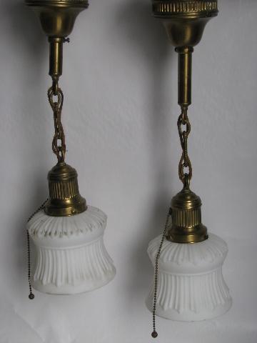 pair antique electric embossed brass pendant lights, old satin glass lamp shades