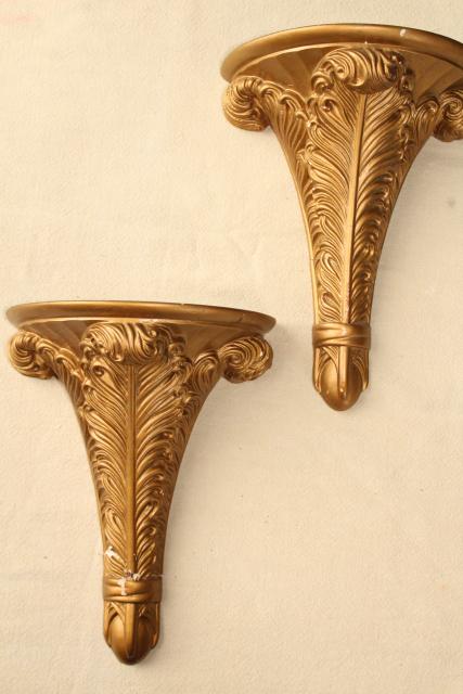pair antique gold painted plaster molding wall bracket shelves, elegant french plumes