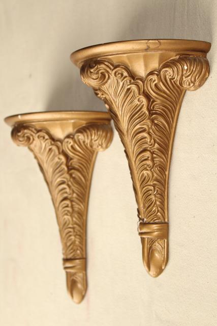 pair antique gold painted plaster molding wall bracket shelves, elegant french plumes