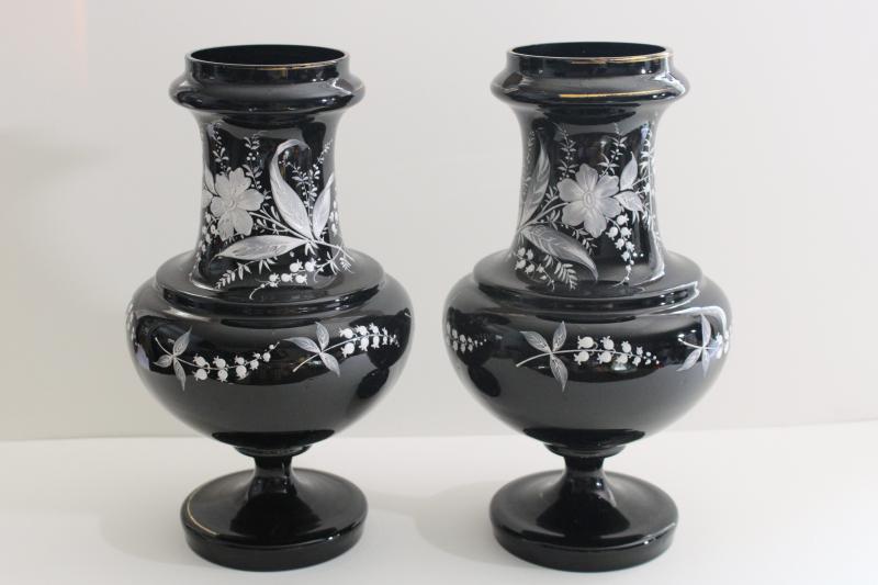 pair antique vintage black amethyst glass vases, hand painted enamel white floral