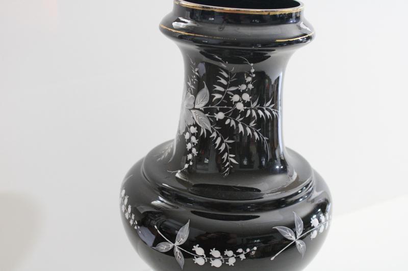 pair antique vintage black amethyst glass vases, hand painted enamel white floral
