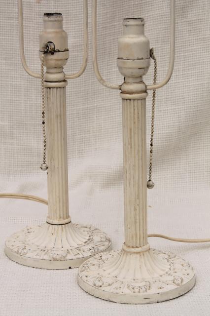 pair antique vintage cast iron boudoir lamps w/ painted puffy glass lamp shades