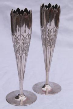 pair art nouveau bud vases, antique vintage silver plate Rogers & Smith New Haven