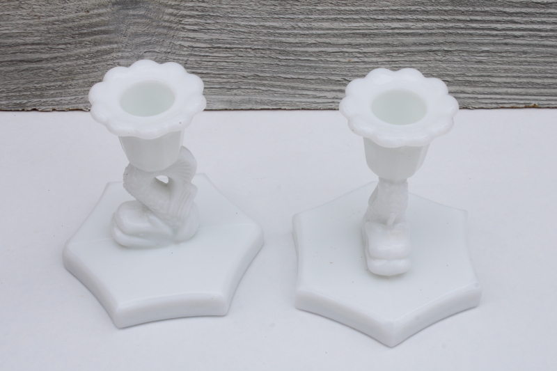 pair dolphin fish candle holders Westmoreland milk glass low candlesticks antique reproduction