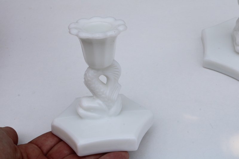 pair dolphin fish candle holders Westmoreland milk glass low candlesticks antique reproduction