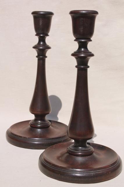 pair early 20th century vintage walnut wood candlesticks w/ lovely old french polish finish