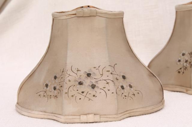 pair fancy old small bell shaped wire lampshades in shabby original antique silk fabric