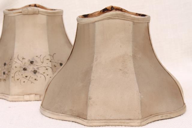 pair fancy old small bell shaped wire lampshades in shabby original antique silk fabric