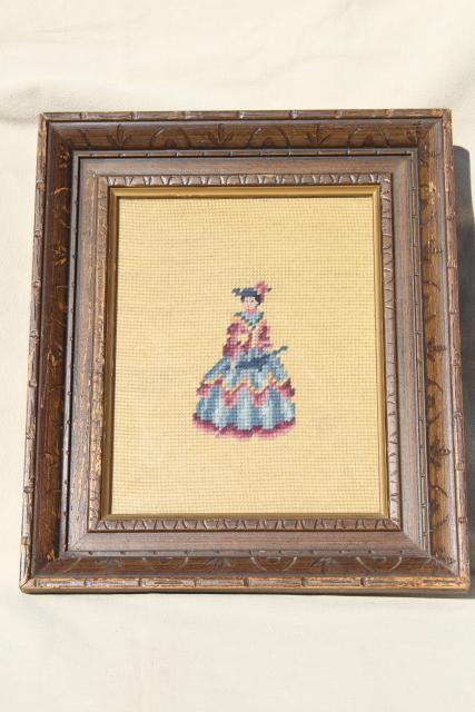 pair framed vintage needlepoint pictures, regency couple portraits lady & gent