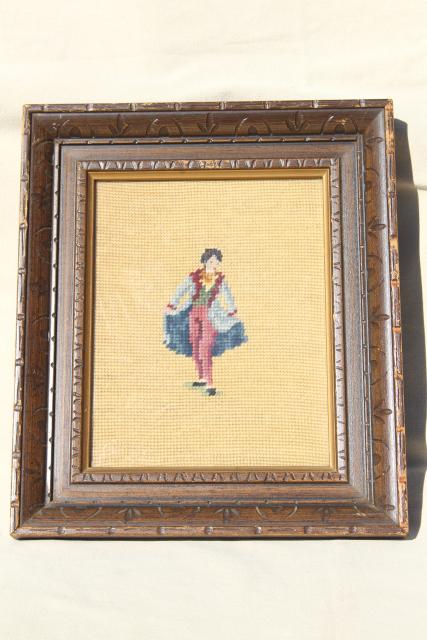 pair framed vintage needlepoint pictures, regency couple portraits lady & gent