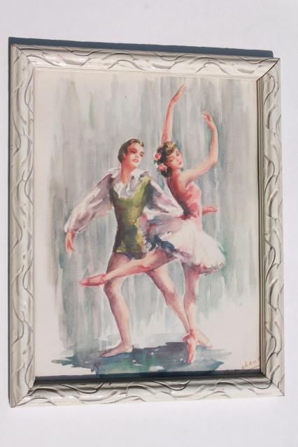 pair framed vintage prints of ballet dancers, retro mid-century kitsch wall art