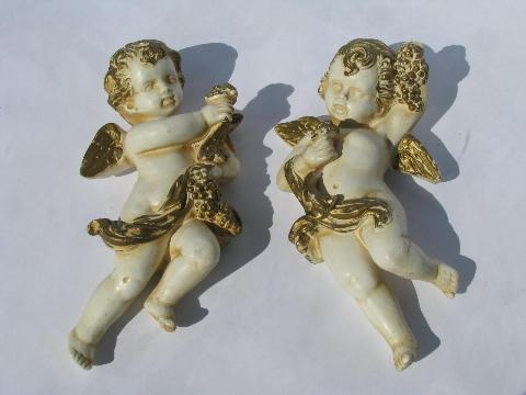 pair french rococo style plaster chalkware cherubs, white & gold wall plaques
