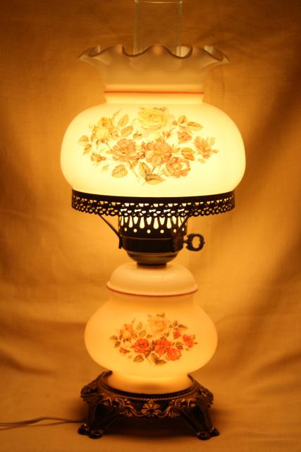 pair hand-painted milk glass chimney shade lamps, vintage Quoziel lamp set