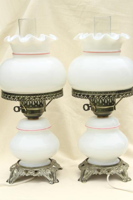 pair hand-painted milk glass chimney shade lamps, vintage Quoziel lamp set