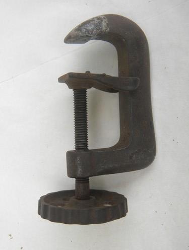 pair large antique iron farm worktable clamps w/cast handwheels