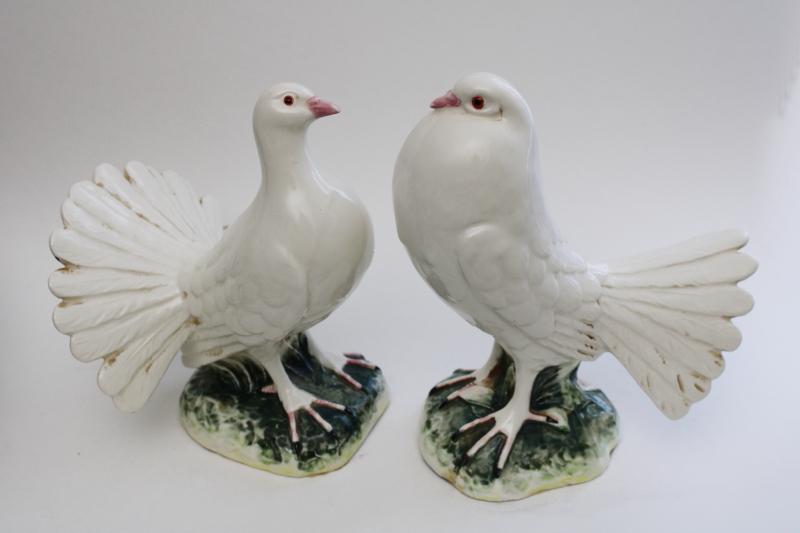 pair large ceramic birds figurines, doves or white pigeons, vintage wedding decor