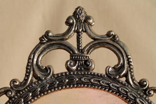pair large ornate metal picture frames w/ curved convex glass, gleaners prints