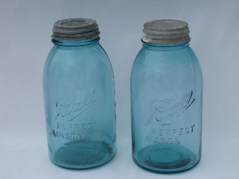 pair large vintage aqua blue glass Ball mason fruit jars w/zinc lids