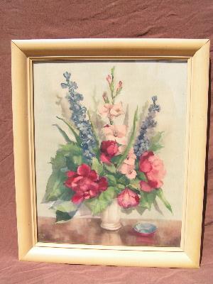 pair large vintage floral prints in wood frames, 1940's