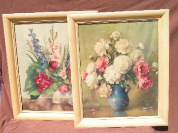 pair large vintage floral prints in wood frames, 1940's