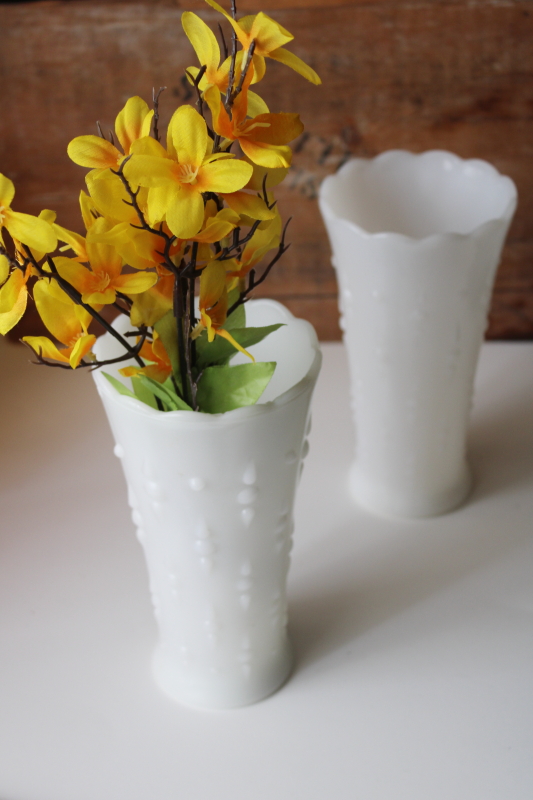 pair mid-century mod vintage milk glass vases, Anchor Hocking teardrop and pearl pattern